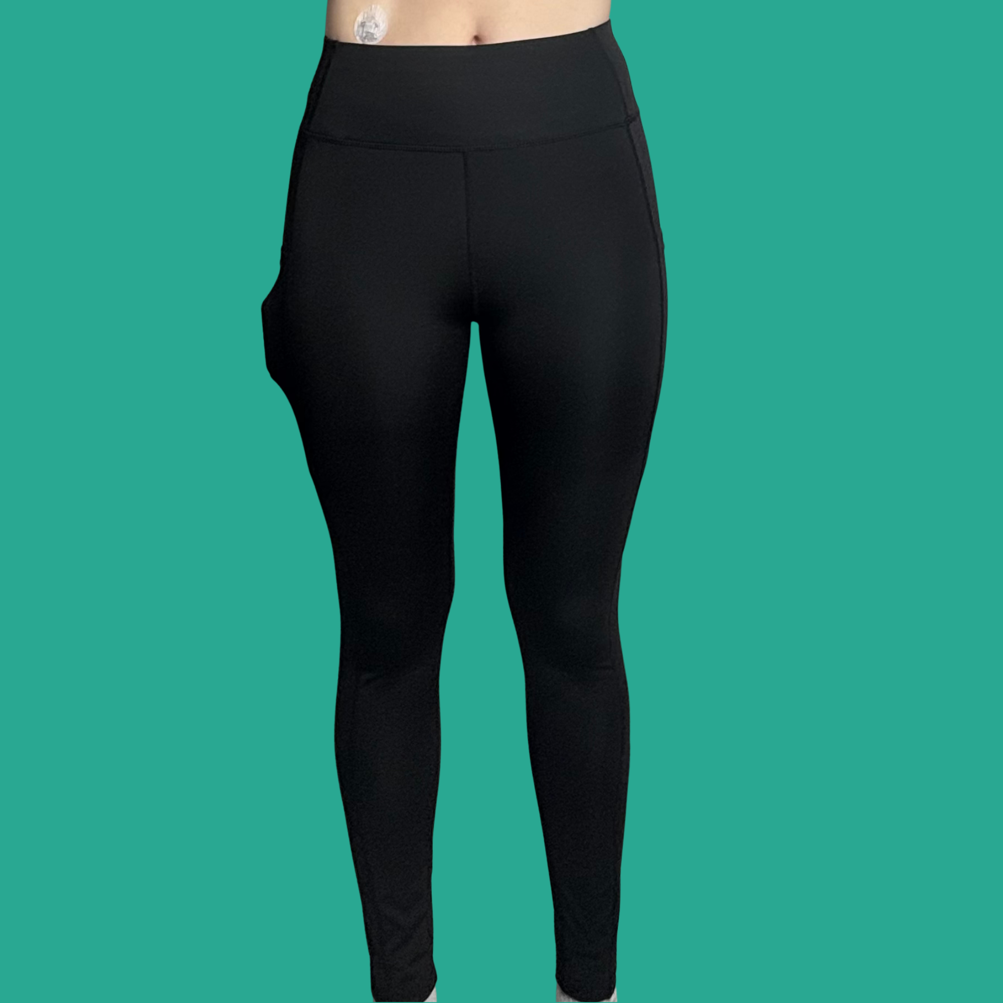 Zwarte 2-Pocket Sportlegging voor diabetes met twee zijzakken voor de insulinepomp, veilig en comfortabel voor het sporten.