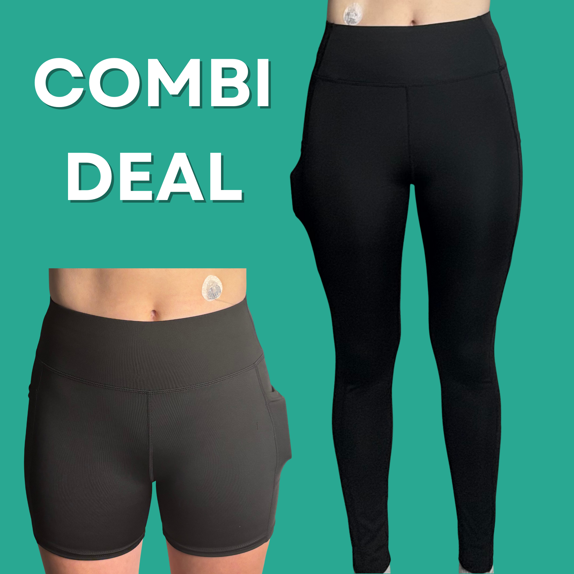 Kombinationserbjudande sportleggings och bikershorts – diabeteskläder med pumpfickor för insulinpumpen.